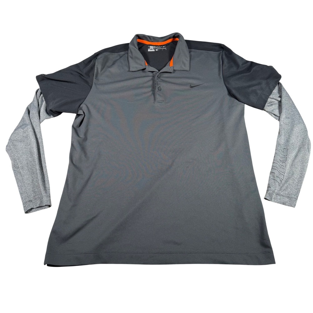 Nike Golf Sport Polo Mens Large Grey‎ Black Dri-Fit Layered Long Sleeve READ